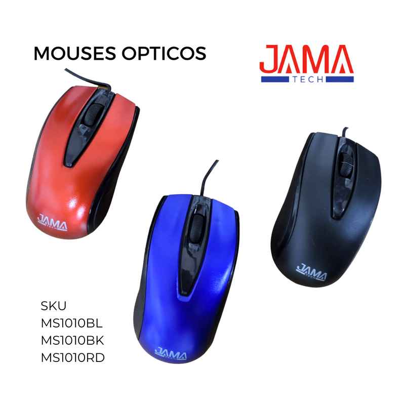 MOUSE OPTICO USB AZUL(BL),ROJO(RD),NEGRO(BK) JAMA TECH MS1010